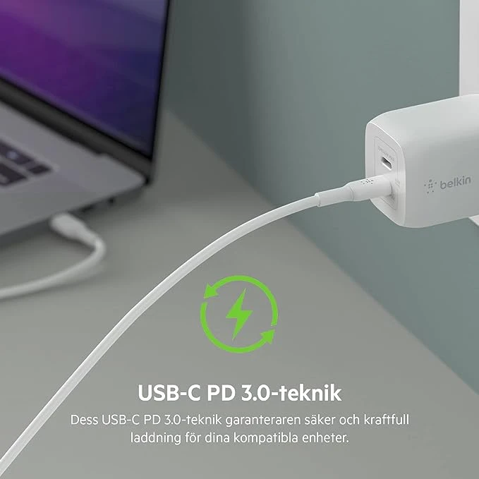 كابل Belkin 45W Dual USB-C PD GaN مع PPS باللون الأسود