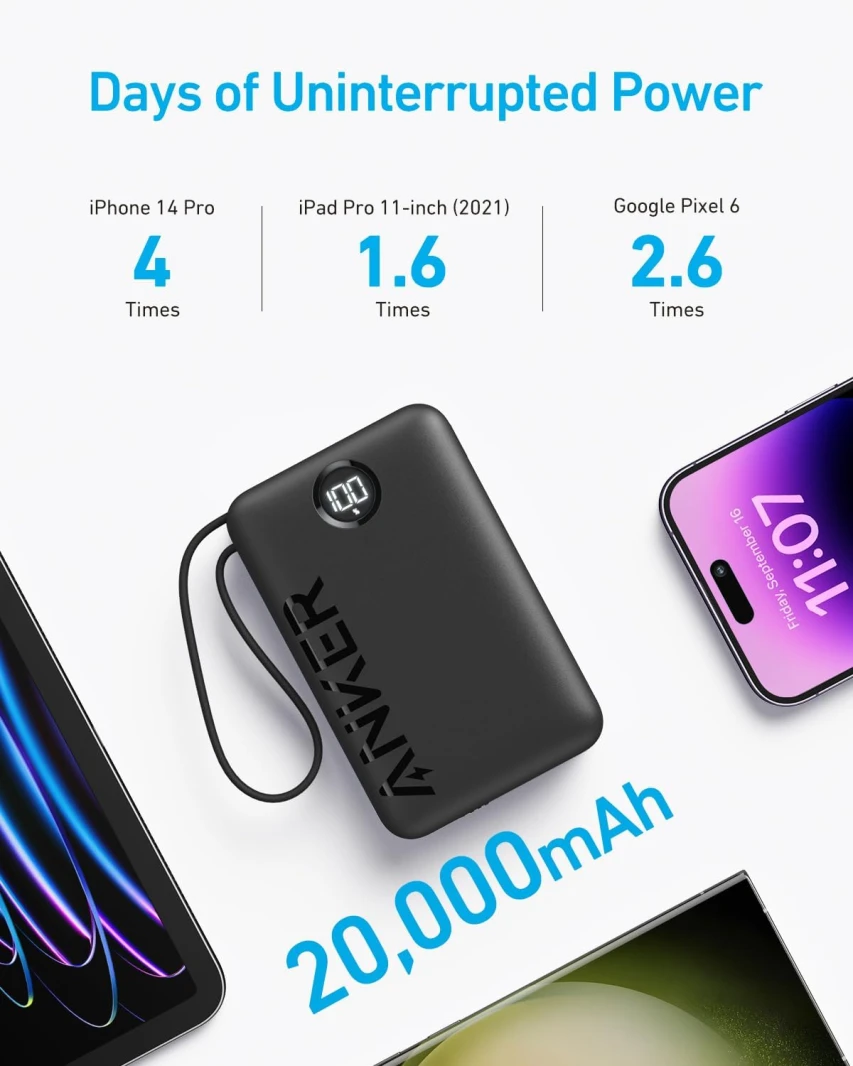 باور بانك Anker (20000 مللي أمبير، 22.5 واط، كابل USB-C مدمج)