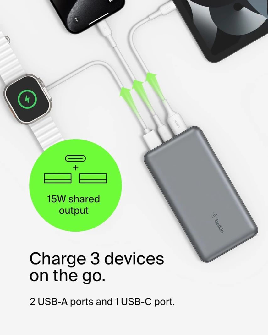 باور بانك Belkin 10K مع USB-C 15W، USB-A مزدوج، رمادي