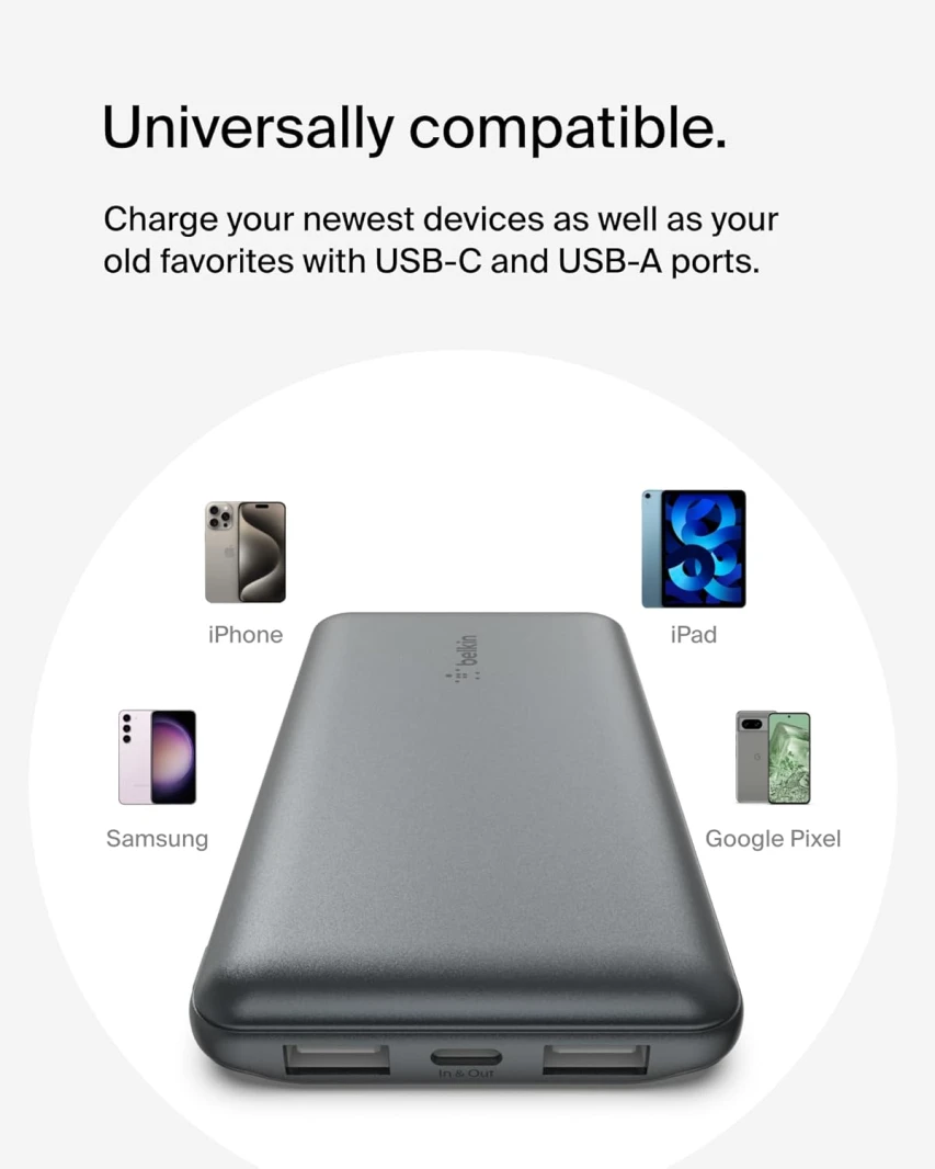 باور بانك Belkin 10K مع USB-C 15W، USB-A مزدوج، رمادي