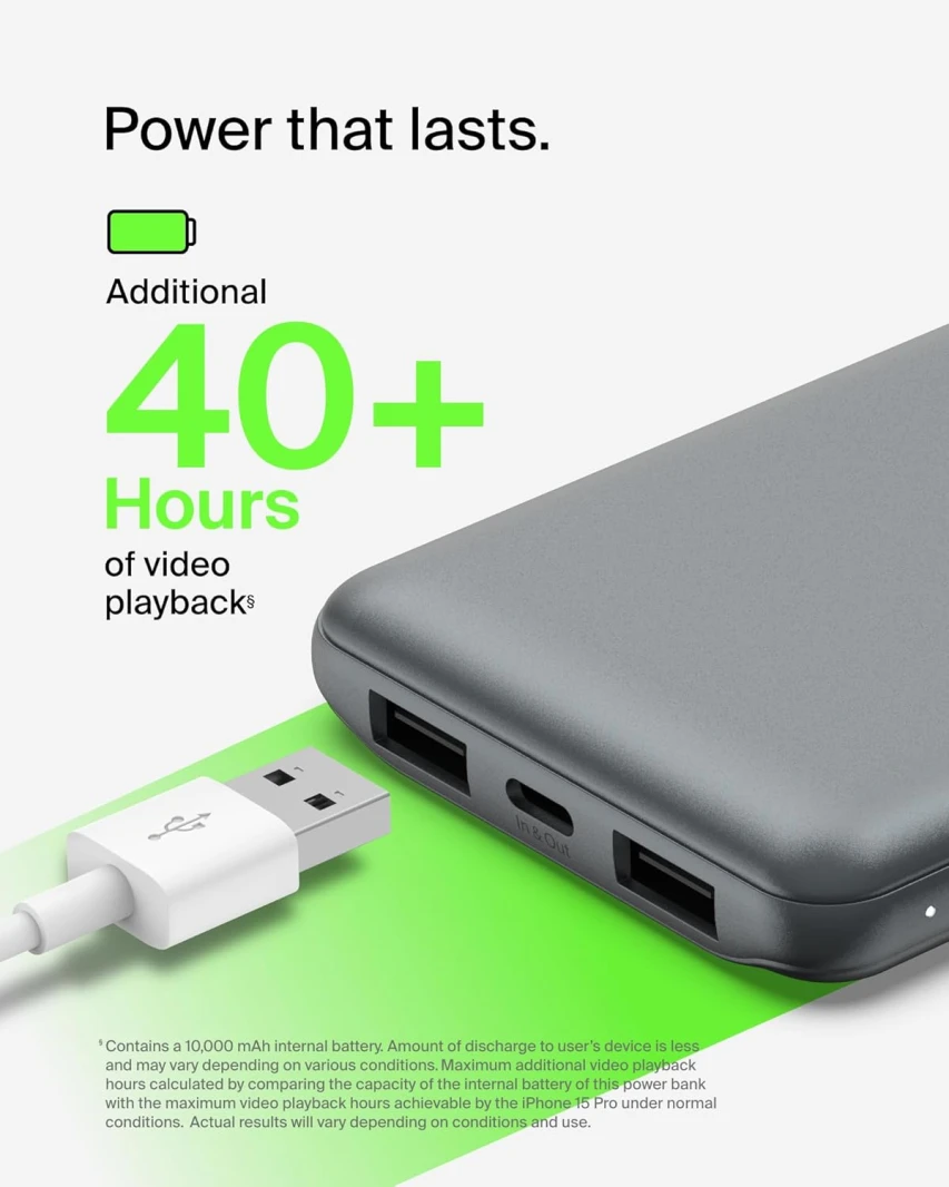 باور بانك Belkin 10K مع USB-C 15W، USB-A مزدوج، رمادي