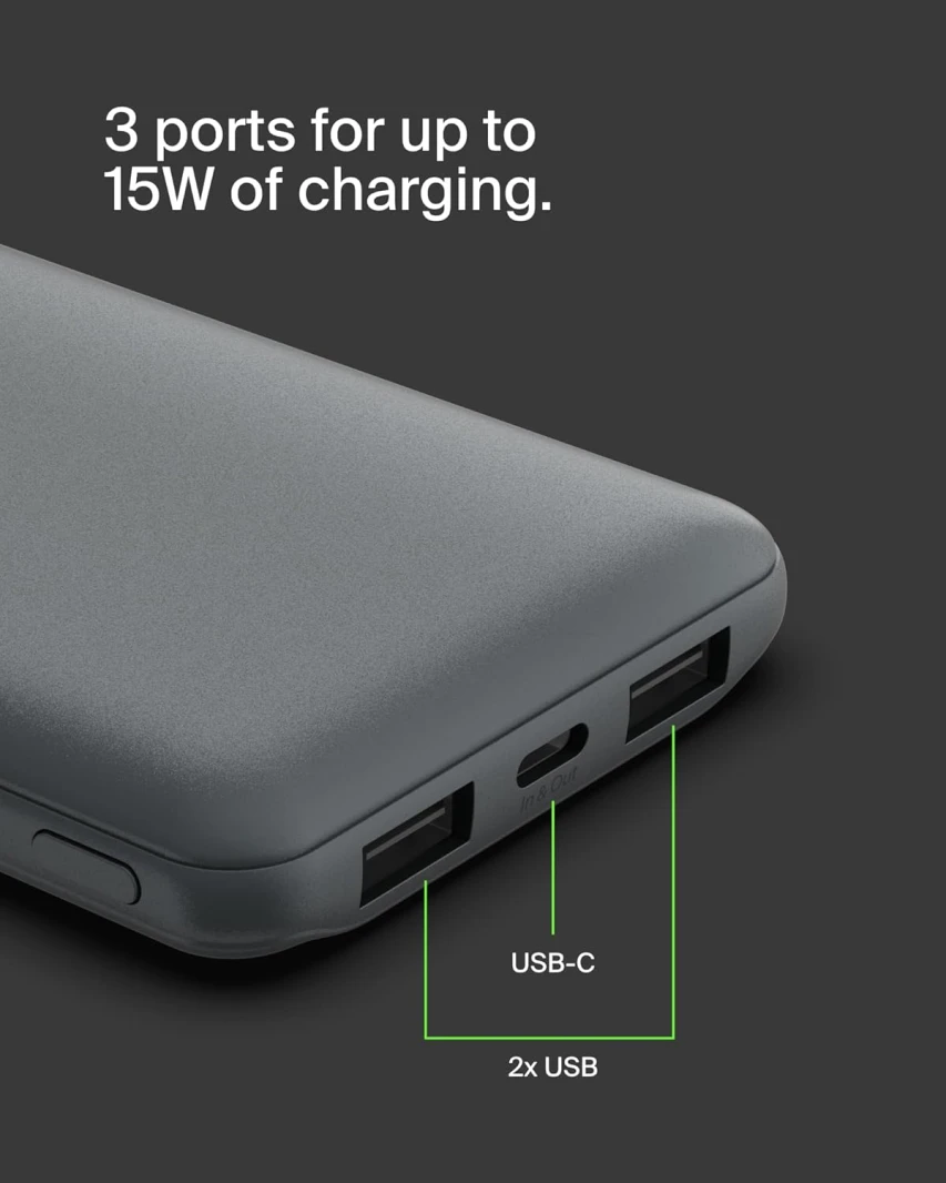 باور بانك Belkin 10K مع USB-C 15W، USB-A مزدوج، رمادي