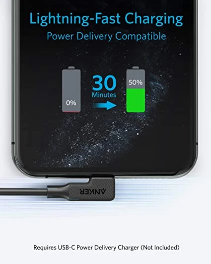 كابل Anker C إلى Lightning بزاوية قائمة بطول 6 أقدام باللون الأسود