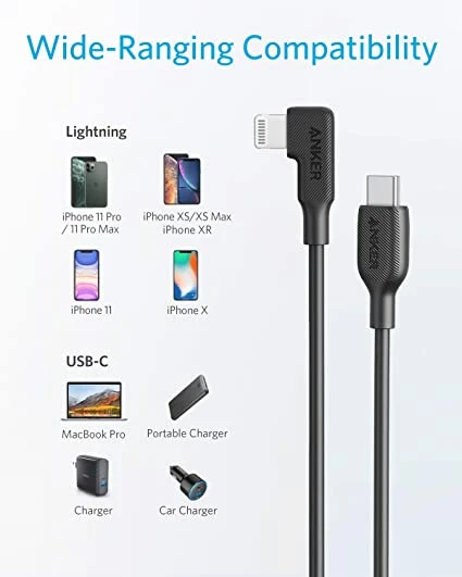 كابل Anker C إلى Lightning بزاوية قائمة بطول 6 أقدام باللون الأسود