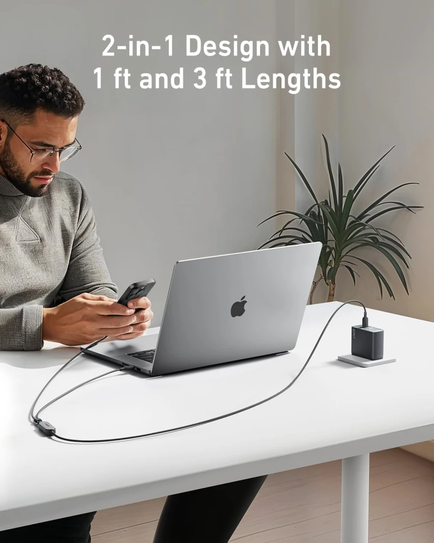 كابل 2 في 1 من Anker USB-C إلى USB-C (4 أقدام، 140 وات) أسود