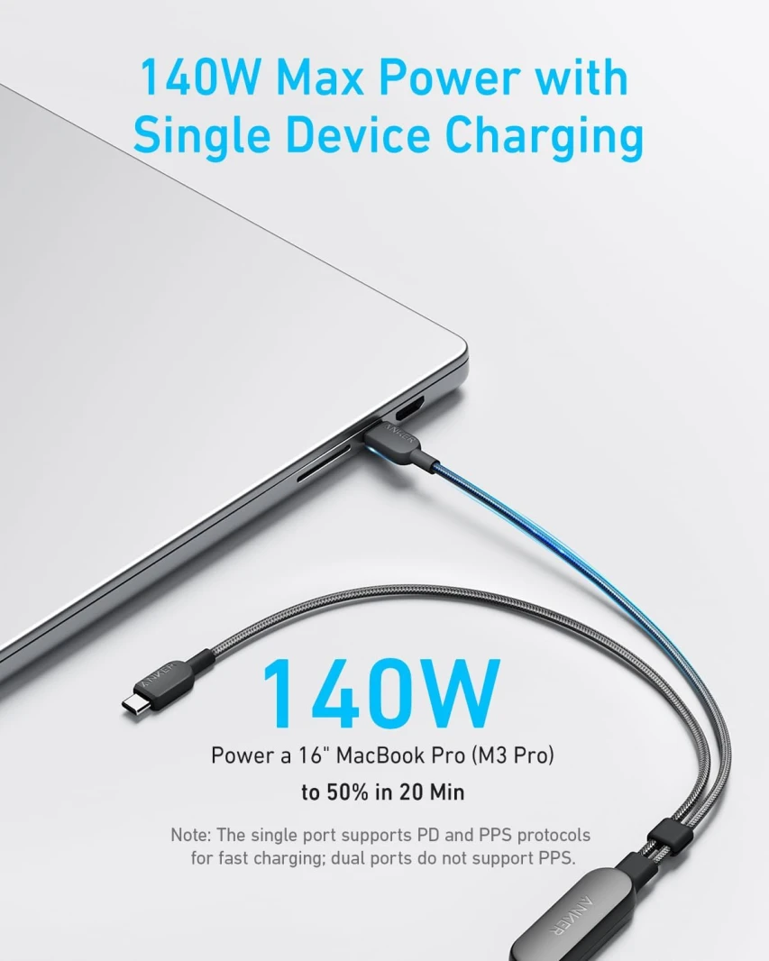 كابل 2 في 1 من Anker USB-C إلى USB-C (4 أقدام، 140 وات) أسود