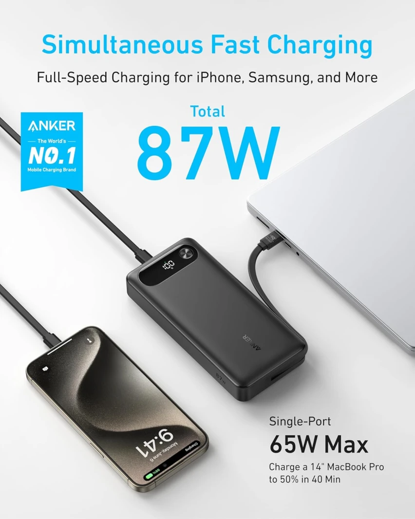 باور بانك Anker (20K، 87 واط، كابل USB-C مدمج)