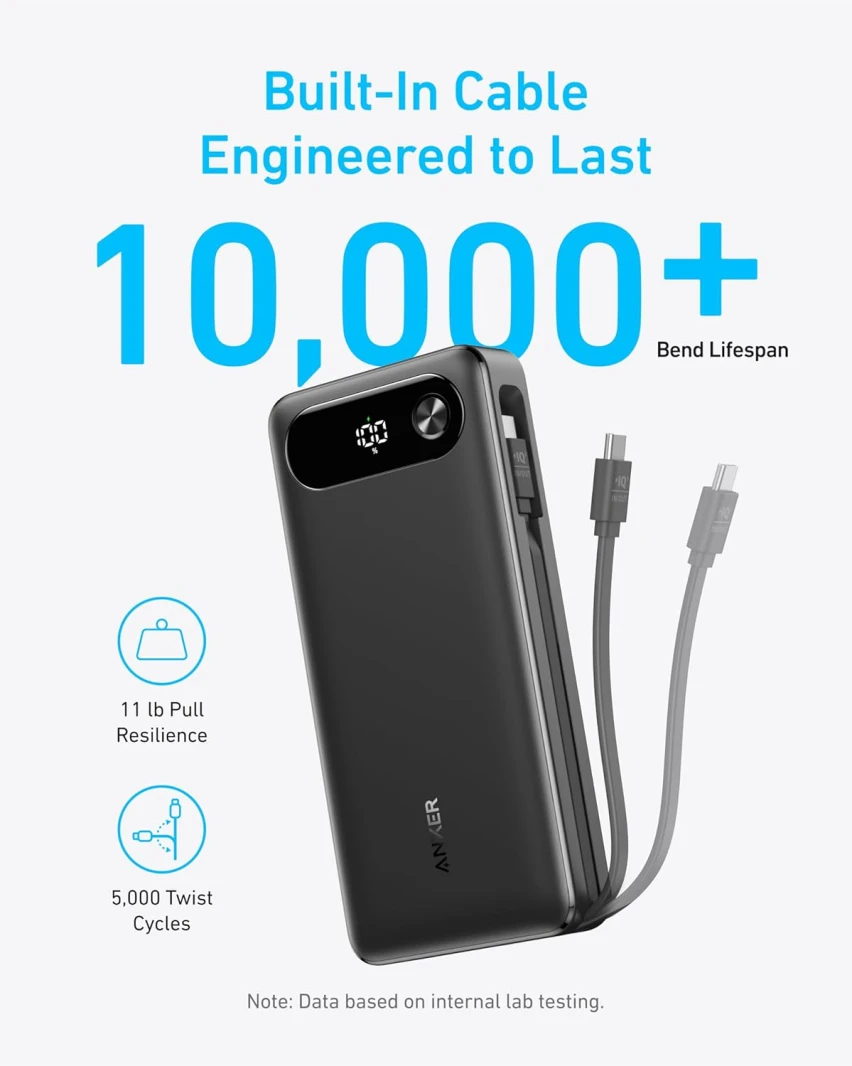 باور بانك Anker (20K، 87 واط، كابل USB-C مدمج)