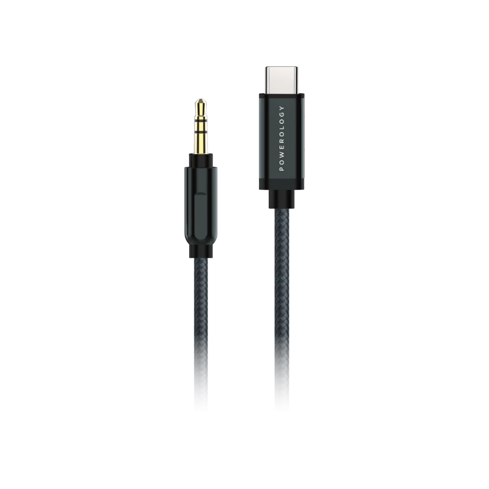 كابل USB-C إلى AUX مقاس 3.5 مم مضفر من الألومنيوم من Powerology بطول 1.2 متر/4 قدم - رمادي