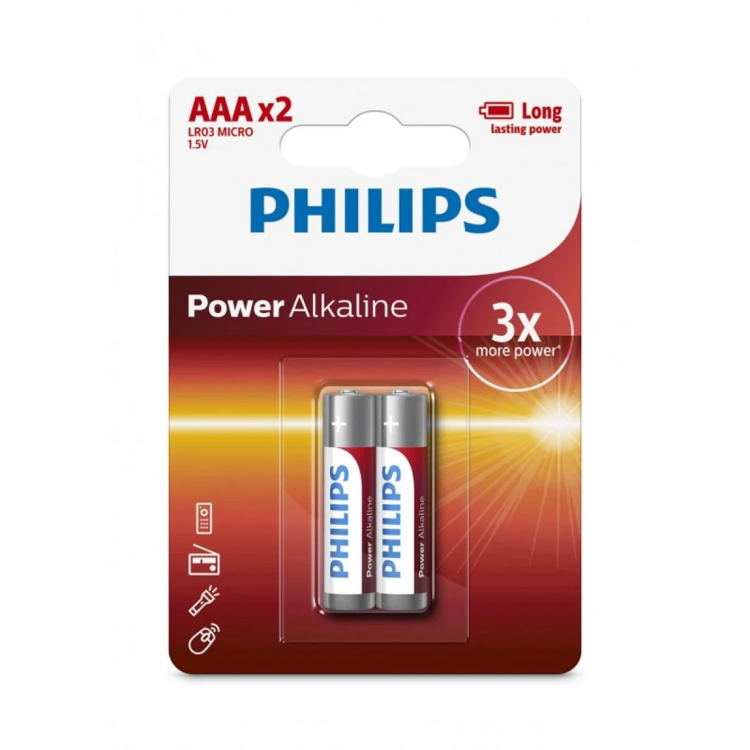 مجموعة من 2 بطارية قلوية طويلة الأمد LR03P2B/97 AAA 1.5 فولت من Philips