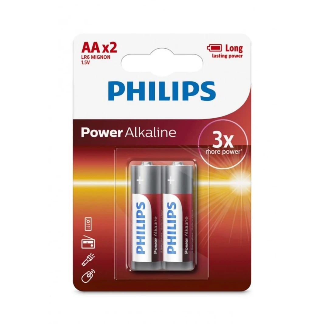 مجموعة من 2 بطارية قلوية طويلة الأمد LR6P2B/97 AA 1.5 فولت من Philips