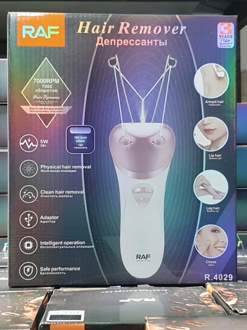 RAF Hair Remover Device, Modern Design, Perfect for Women and Men, Ensures Easy Use and High Efficiency with Three-Year Warranty.