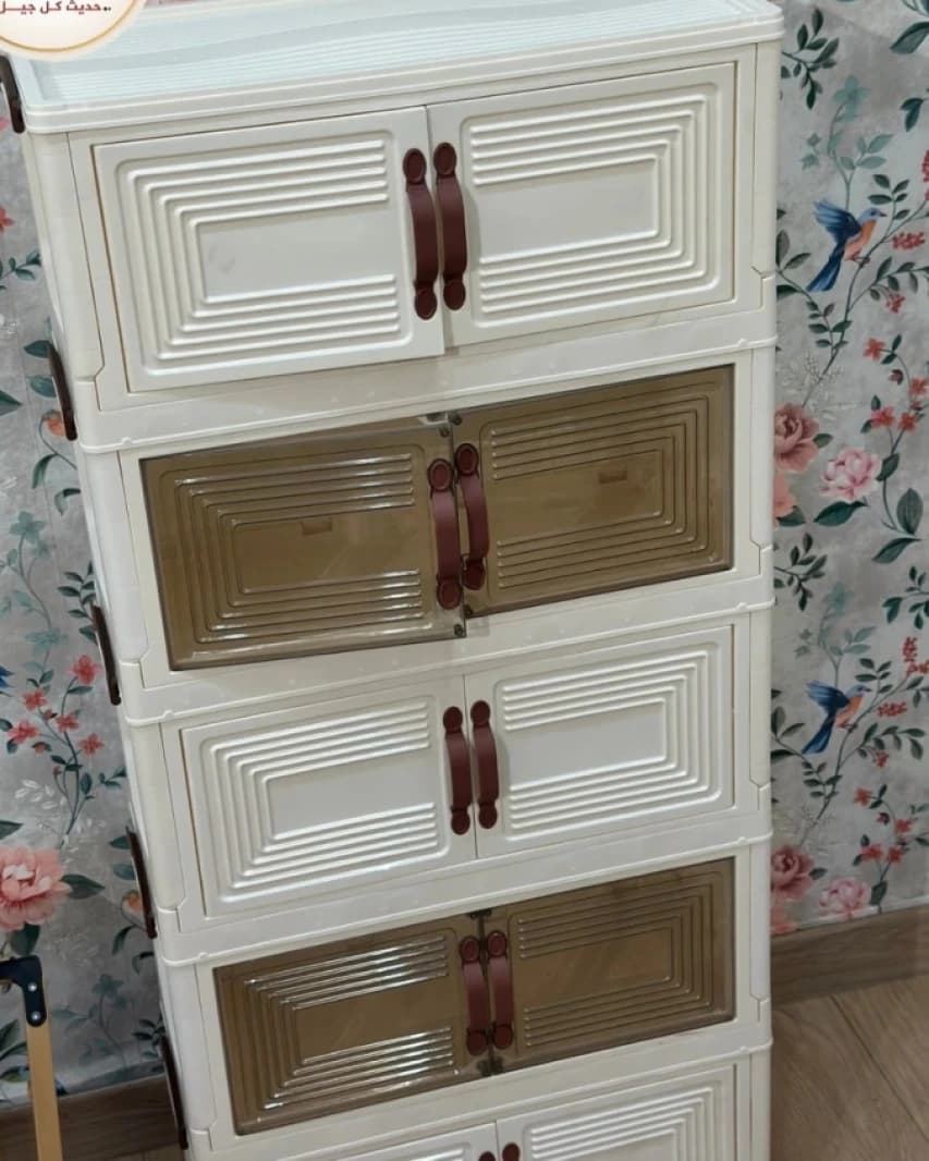 Multi-Purpose Modern Design Plastic Storage Cabinet with Five Layers and Secure Doors, Perfect for Home or Office, Features Stylish Handles and Matches Various Decors