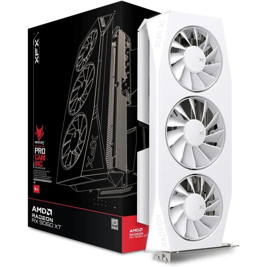 XFX Mercury AMD Radeon RX 9060 XT OC Triple Fan Gaming Edition 16GB GDDR6 128-Bit Memory, 3320 MHz Boost Clock, 2048 Stream Processors, 20 Gbps Memory Clock, PCI-E 5.0 , White,