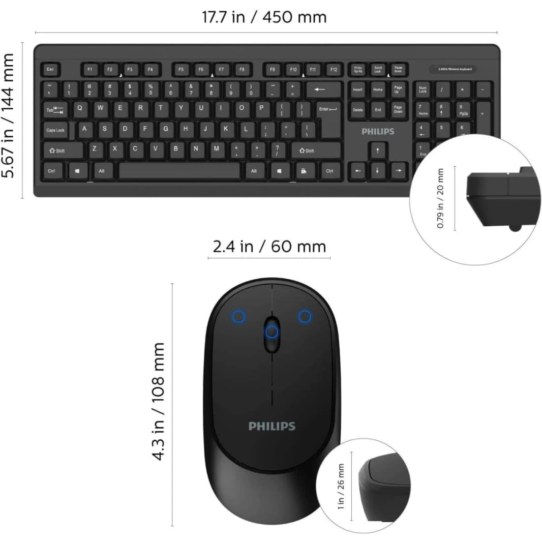 Philips MK324 Wireless Keyboard and Mouse Combo | Ambidextrous, Low-Profile | Adjustable DPI Mouse, Full-Sized Keyboard, | Plug and Play for Windows, Laptop, PC or Notebook