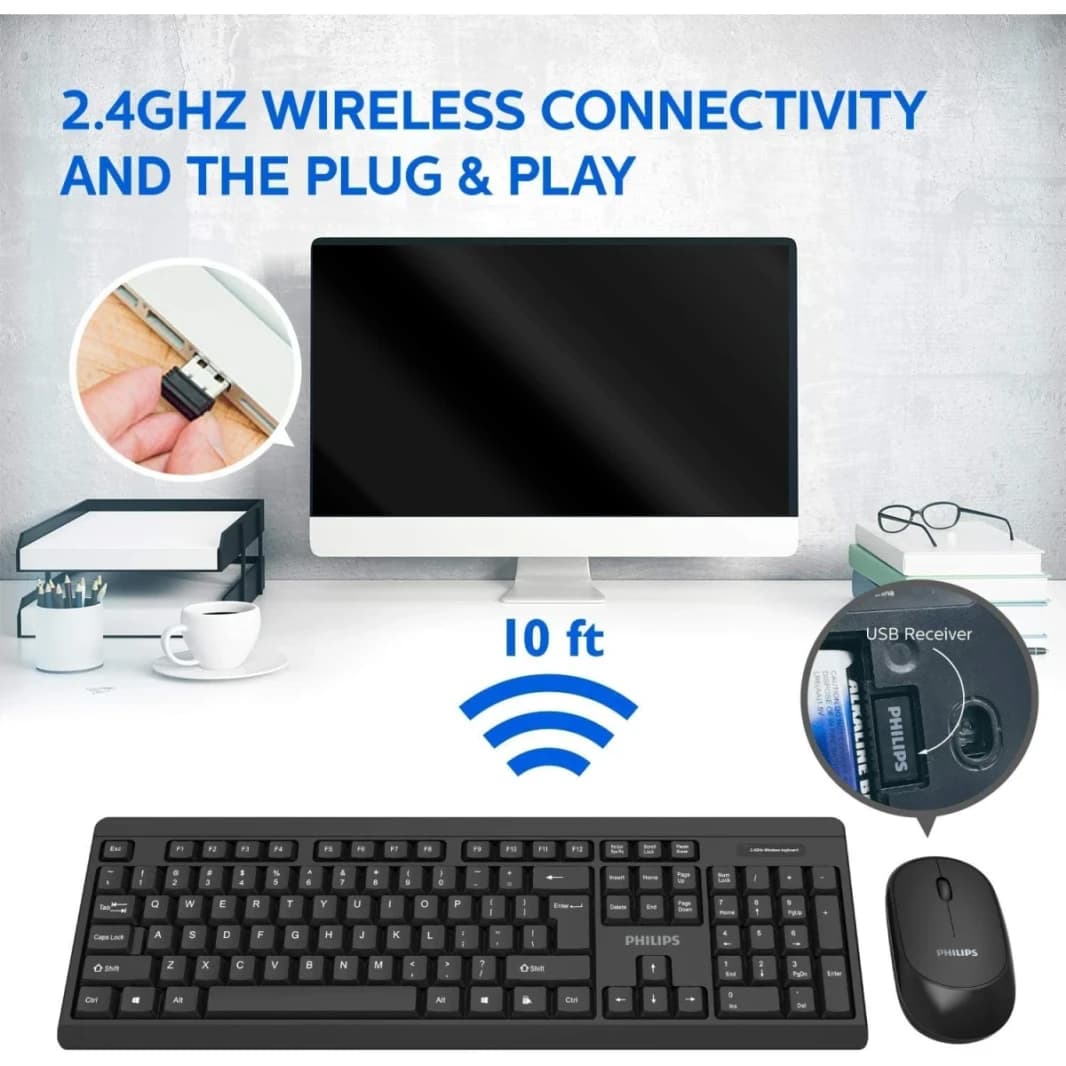 Philips MK324 Wireless Keyboard and Mouse Combo | Ambidextrous, Low-Profile | Adjustable DPI Mouse, Full-Sized Keyboard, | Plug and Play for Windows, Laptop, PC or Notebook
