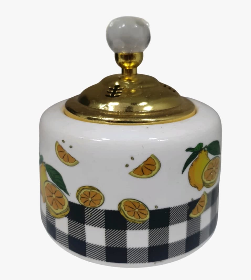 Premium Ceramic Spice Jar with Golden Lid Lemon Decor Design Featuring Checkered Pattern Ideal for Home Kitchens and Decorative Use for Guests High-Quality Artistic Touch
