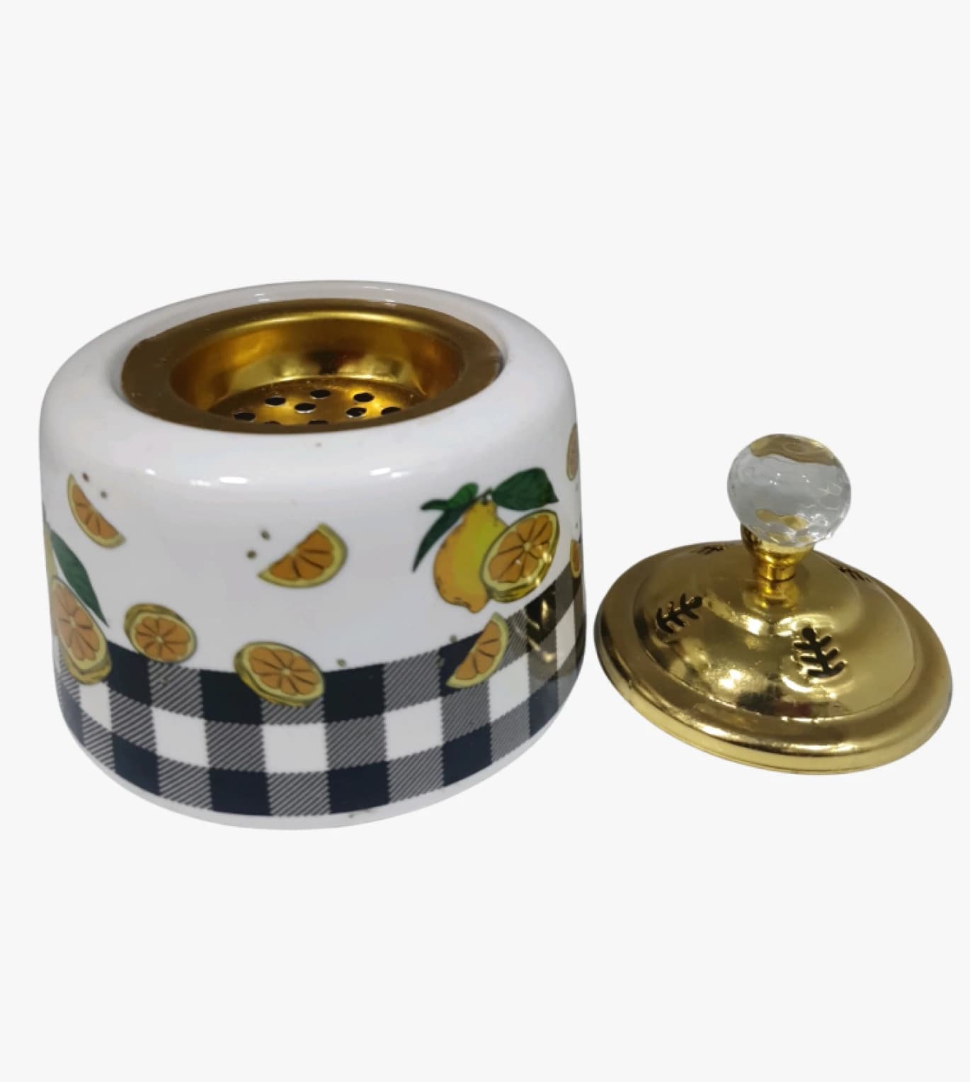 Premium Ceramic Spice Jar with Golden Lid Lemon Decor Design Featuring Checkered Pattern Ideal for Home Kitchens and Decorative Use for Guests High-Quality Artistic Touch