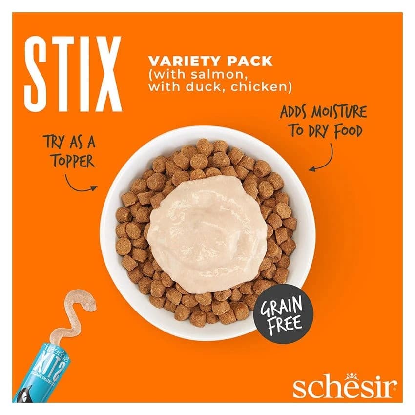 SCHESIR STIX CAT POUCH VARIETY TREATS CHICKEN-DUCK-SALMON 6X15G
