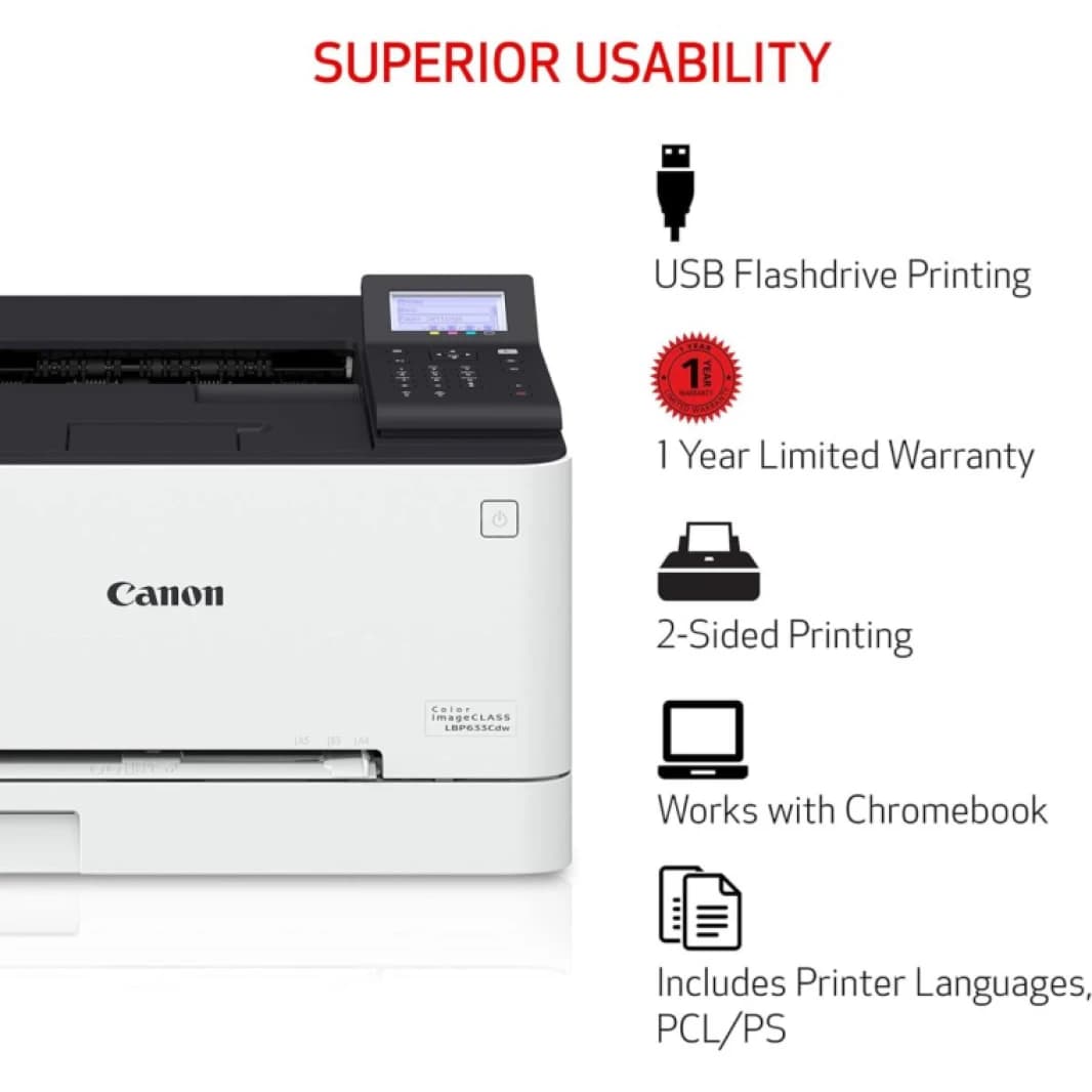 Printer Canon Color imageCLASS LBP633Cdw Wireless & Network Laser Printer, Normal Quality, A4/US Letter 21 ppm, Duplex Printing - 3 Year Warranty