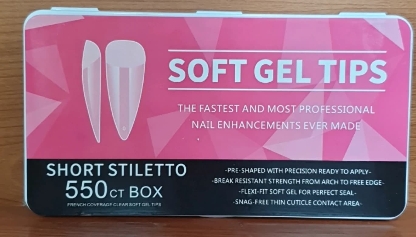 Soft Gel Nail Tips Short Stiletto Design, 550 Count Box, for Cosmetic Users and Salons, High Quality Enhancement.