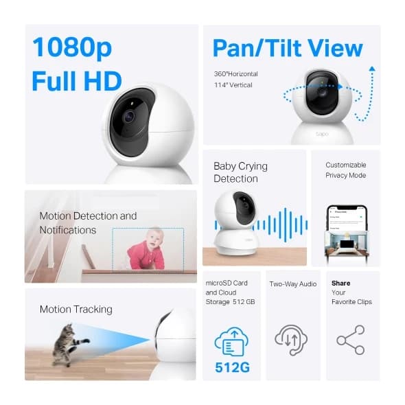 TP-LINK TAPO C200C Pan/Tilt Home Security Wi-Fi Camera, 1080p, 2-Way Audio, Night Vision, Motion Detection