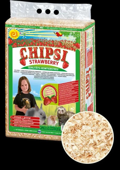 Chipsi Strawberry Scented Wood Bedding for Small Pets like Rabbits and Rodents, Offering Freshness and Comfort