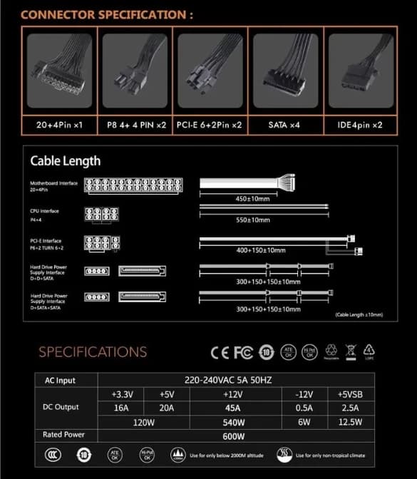 DarkFlash WA600 Power Supply 600W, Durable Design, for High-Performance Gaming Computers