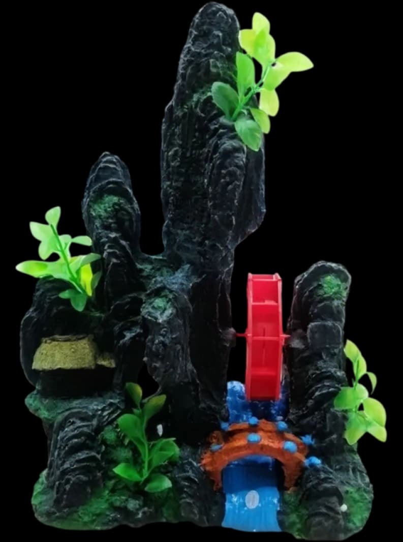 Large Aquarium Waterfall Décor with Water Wheel Design and Plants for Fish Tank Enthusiasts and Hobbyists