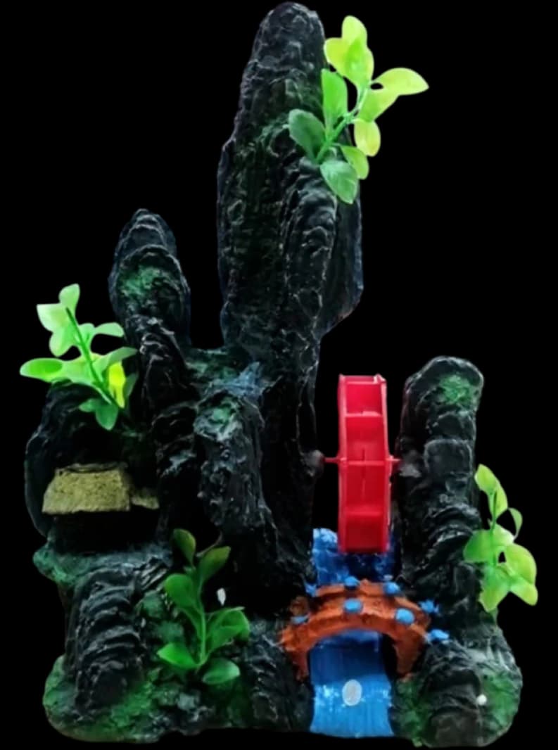 Large Aquarium Waterfall Décor with Water Wheel Design and Plants for Fish Tank Enthusiasts and Hobbyists