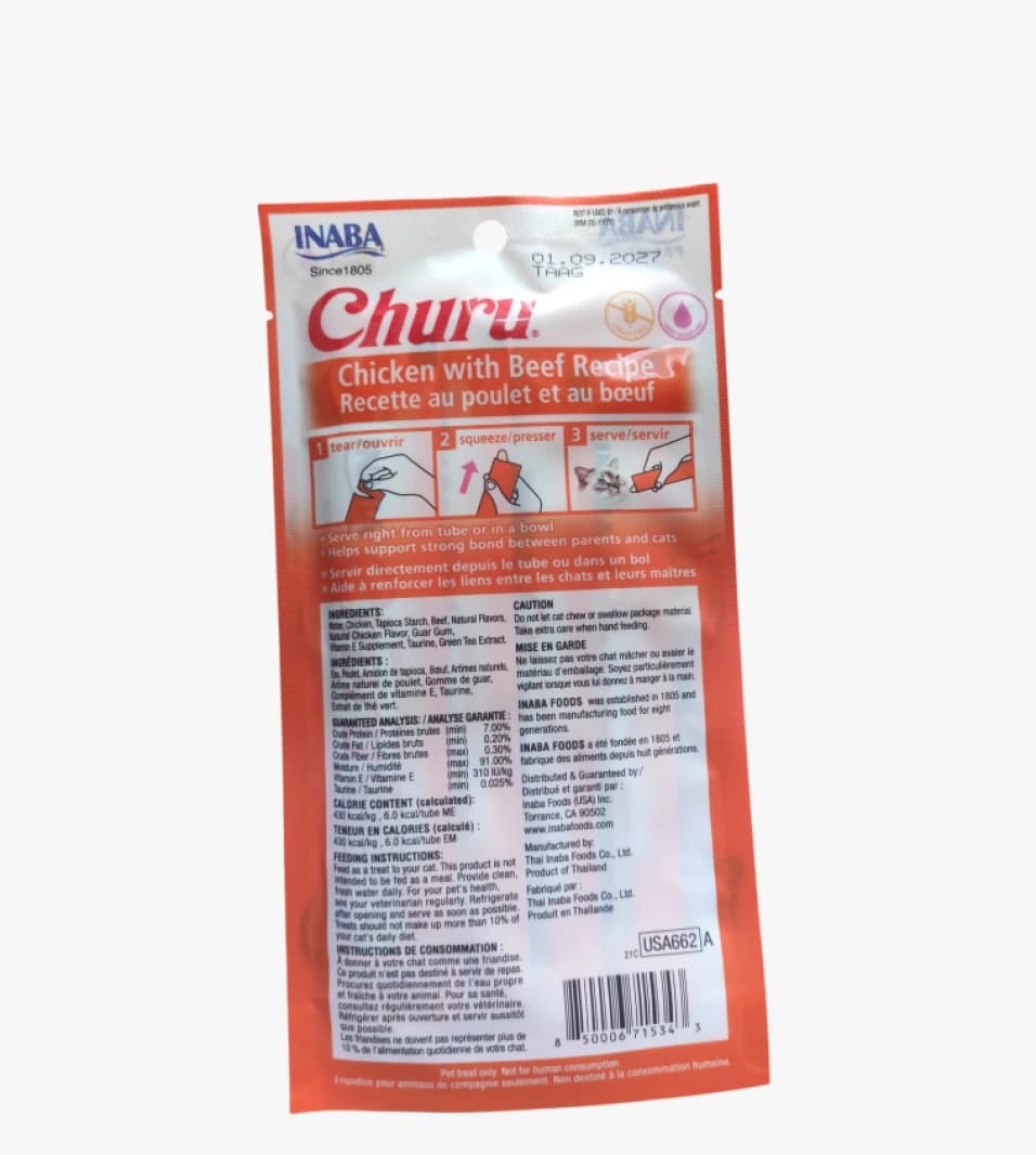Inaba Churu Snacks Chicken with Beef Recipe, Delicious and Premium Treat for Your Cat