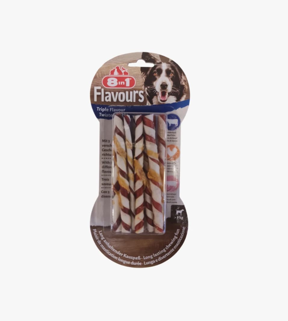 8 in 1 Flavours Dog Chews - Triple Flavour Twisted Sticks for Dog Lovers, Delicious and Nutritious