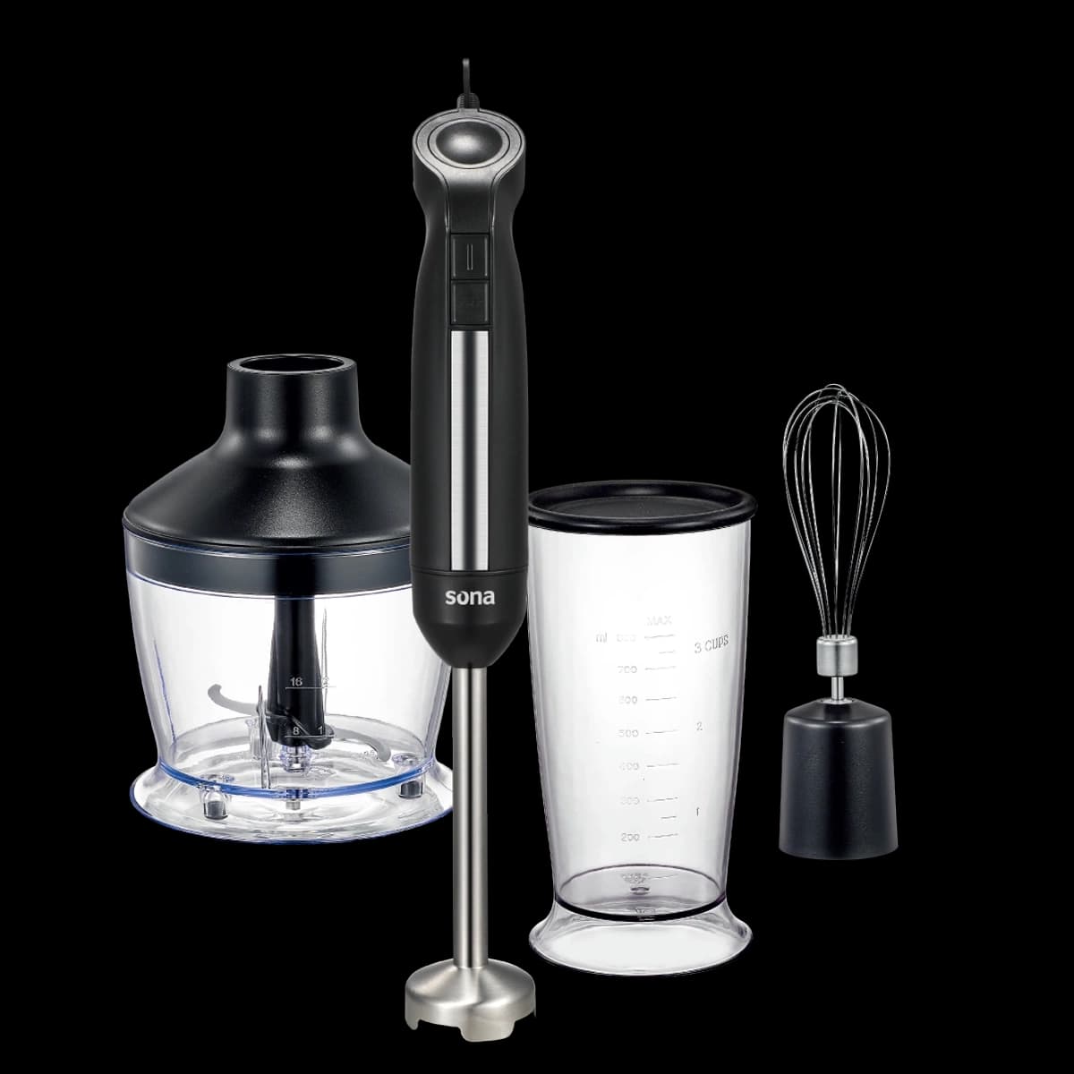 Sona Hand Blender with Accessories, 1200W, 600ml - Black