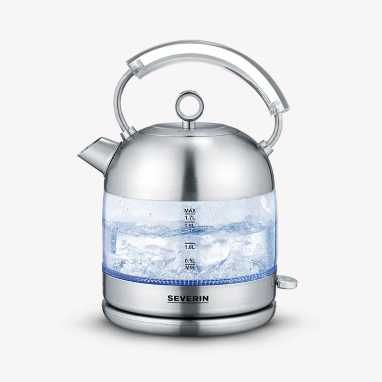 SEVERIN Retro Glass Electric Kettle, 1.7L, Brushed Stainless Steel, 3459
