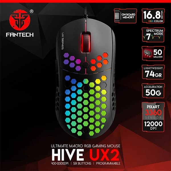 FanTech Wired Gaming Mouse With Colored LED Lights - Black (UX2)