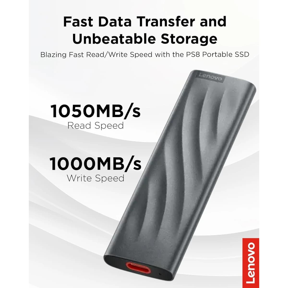 Lenovo PS8 1TB Portable SSD, Up to 1050 MB/s, USB 3.2 Gen 2, Grey