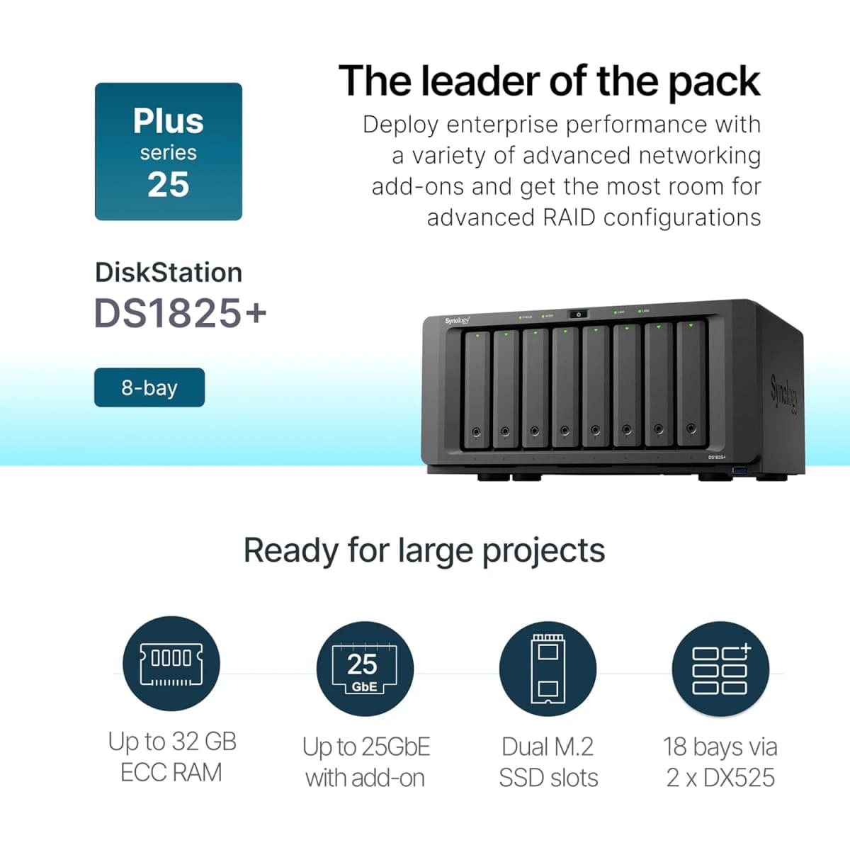 Synology DiskStation DS1825+ 8-Bay Diskless NAS w/ AMD Ryzen V1500B 4-Core CPU & 8GB DDR4 ECC RAM