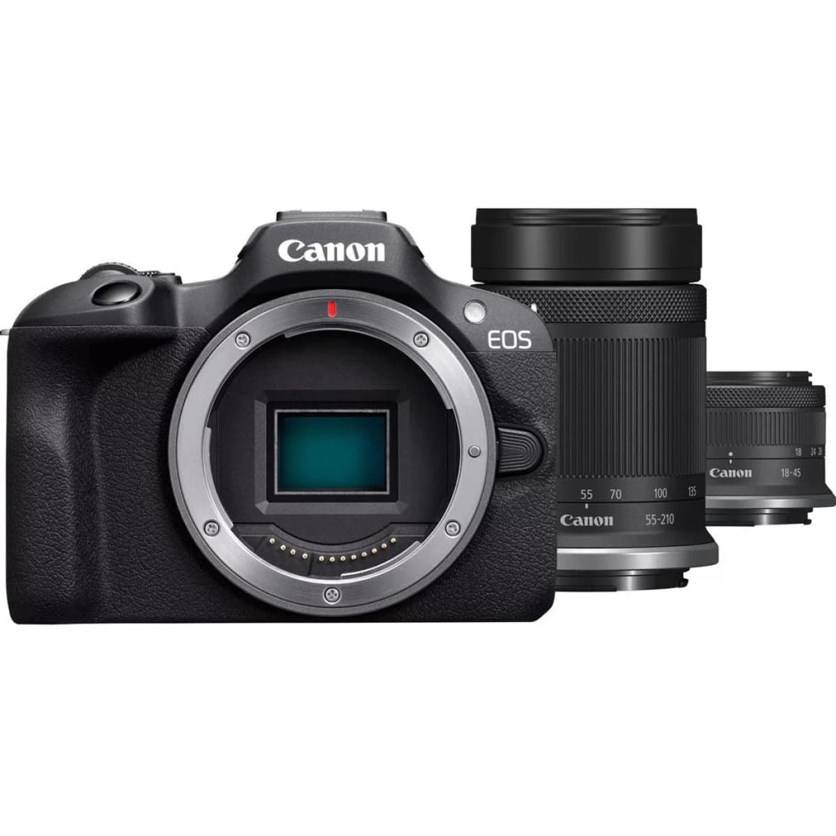 Canon EOS R100 KIT (w/RF-S18-45mm + RF-S55-210mm) Mirrorless Camera, APS-C Sensor, 24.1MP, 4K Video, Dual Pixel CMOS AF, Lightweight Vlogging Camera for Entry-Level Creators, Black