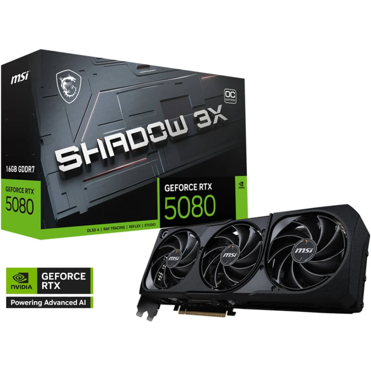 MSI GeForce RTX 5080 SHADOW 3X OC Graphics Card, 16GB GDDR7 256-Bit Memory, 2640 MHz Boost Clock, 10752 CUDA Cores, 30 Gbps Memory Speed