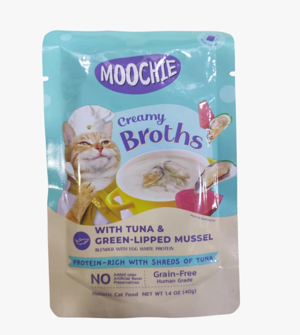 Moochie Creamy Broths Cat Food with Tuna and Green-Lipped Mussel for a Delicious Cat Culinary Experience