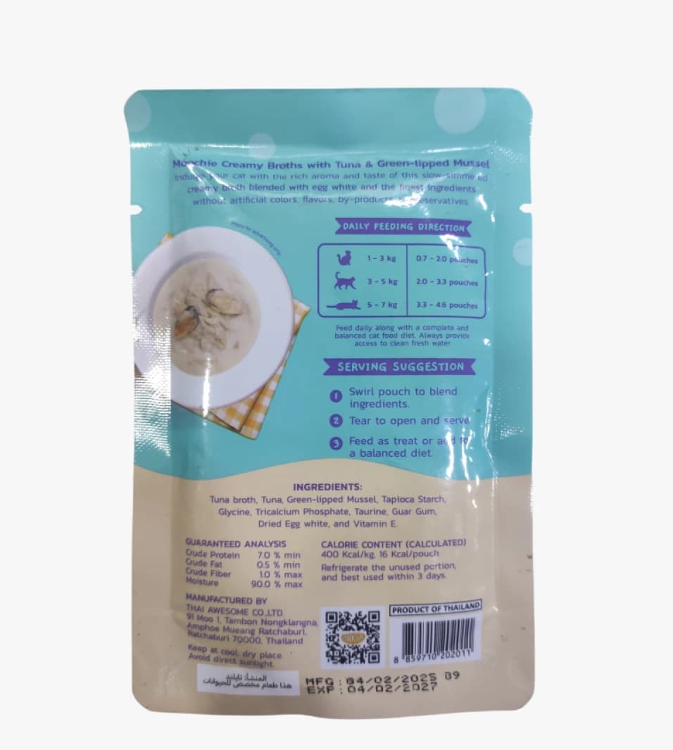 Moochie Creamy Broths Cat Food with Tuna and Green-Lipped Mussel for a Delicious Cat Culinary Experience