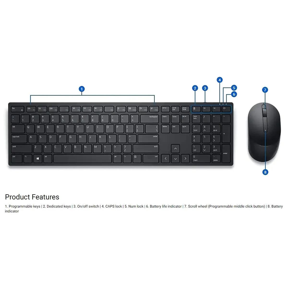 Dell Pro KM5221W Wireless Keyboard & Mouse Durable & Secure up to 4000 DPI Mouse Programmable Keys 36 Month Battery Arabic / English
