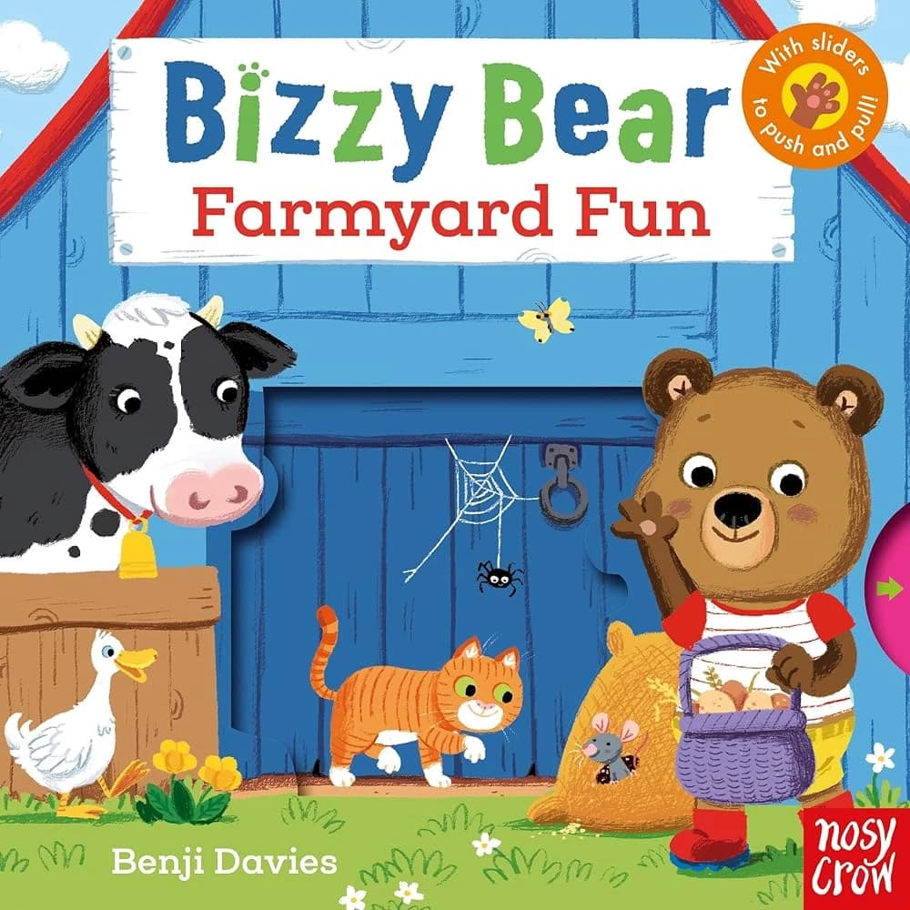Bizzy Bear Farmyard Fun Children's Book with Colorful Cover and Interactive Design to Engage Toddlers and Babies with Push and Pull Activities.