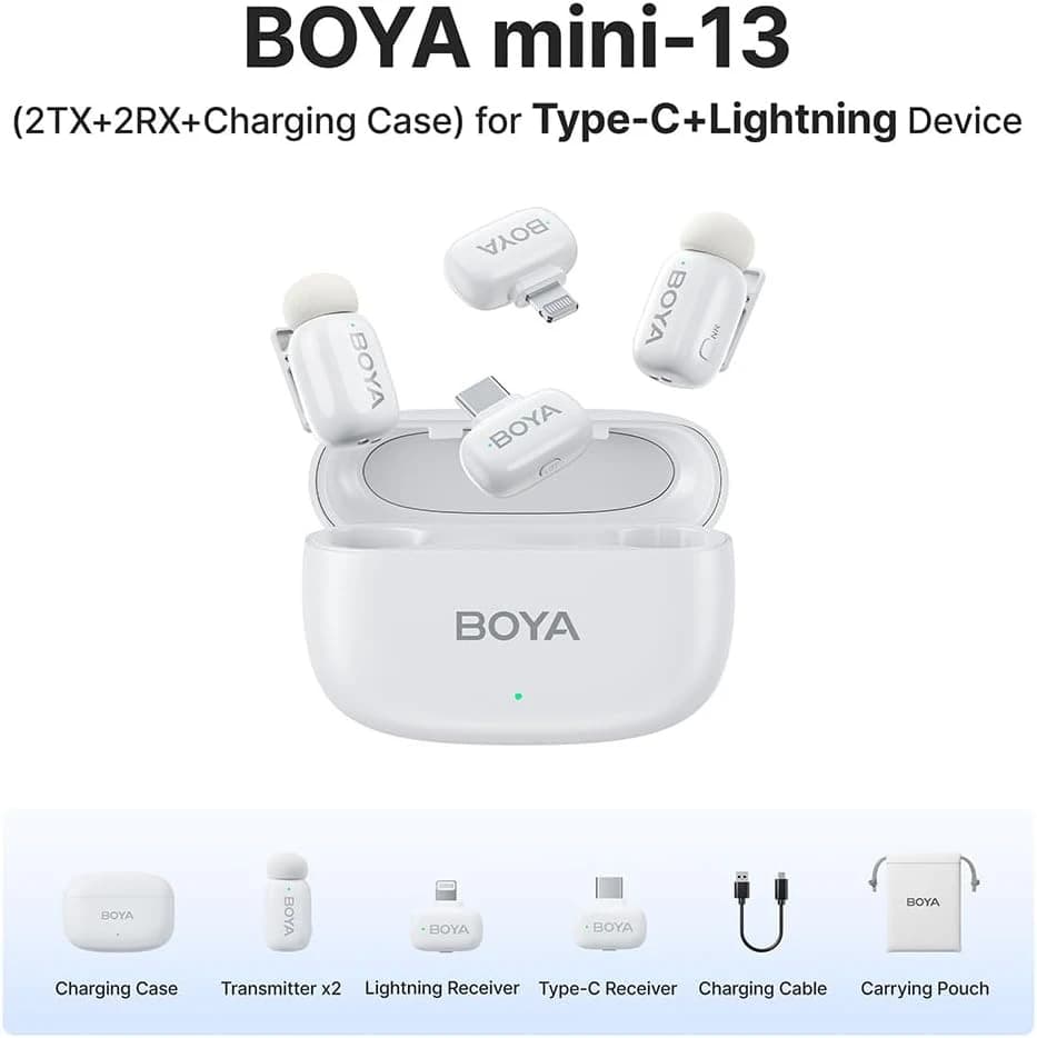 ميكروفون لاسلكي صغير من BOYA لهواتف iPhone/Android/الكمبيوتر اللوحي/الكمبيوتر مع منفذ USB C/Lightning - أبيض
