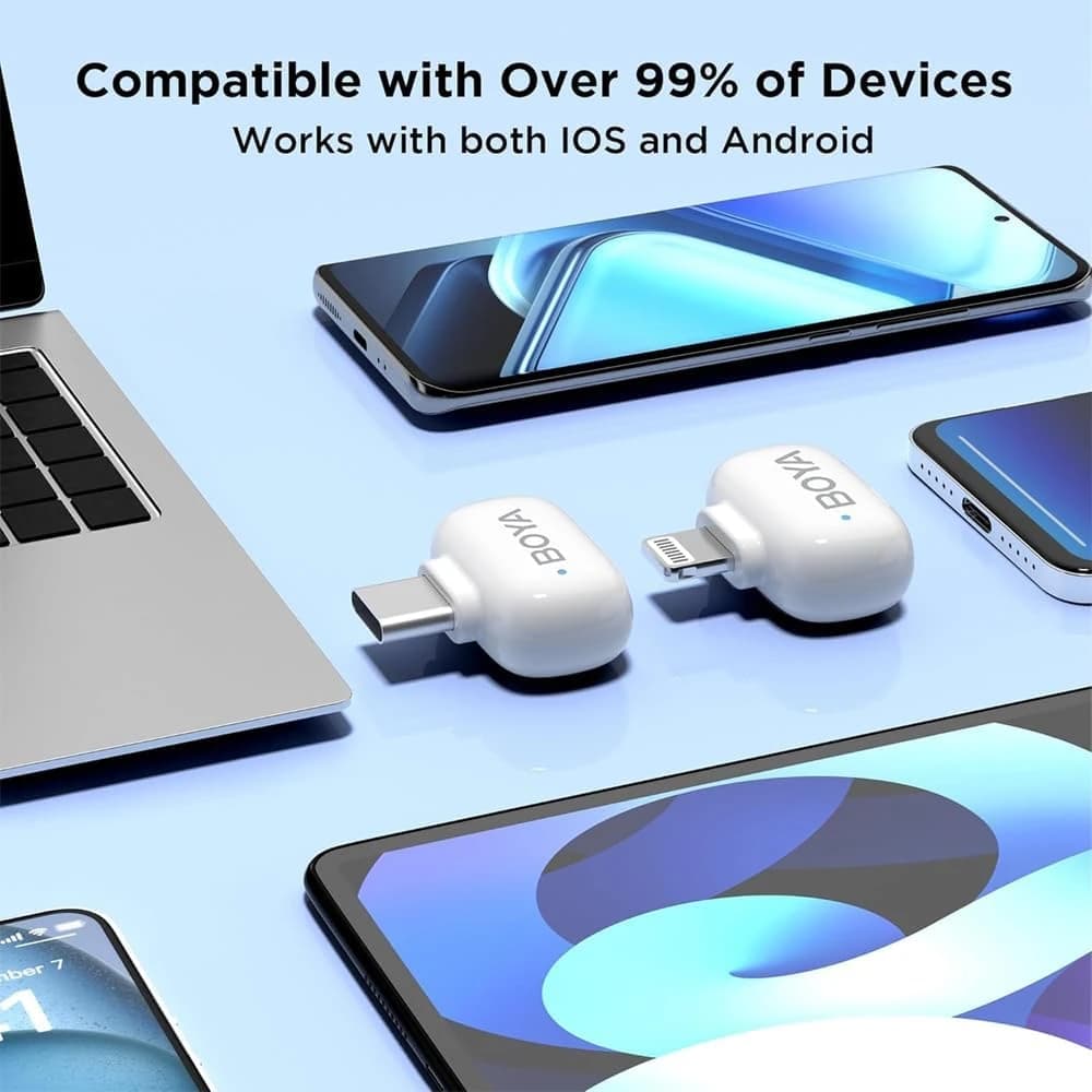 ميكروفون لاسلكي صغير من BOYA لهواتف iPhone/Android/الكمبيوتر اللوحي/الكمبيوتر مع منفذ USB C/Lightning - أبيض