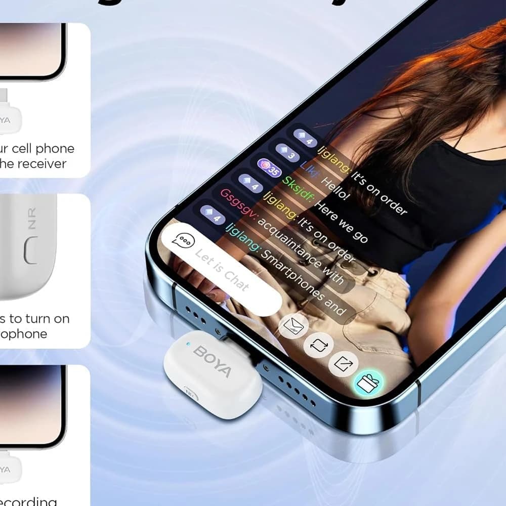 ميكروفون لاسلكي صغير من BOYA لهواتف iPhone/Android/الكمبيوتر اللوحي/الكمبيوتر مع منفذ USB C/Lightning - أبيض