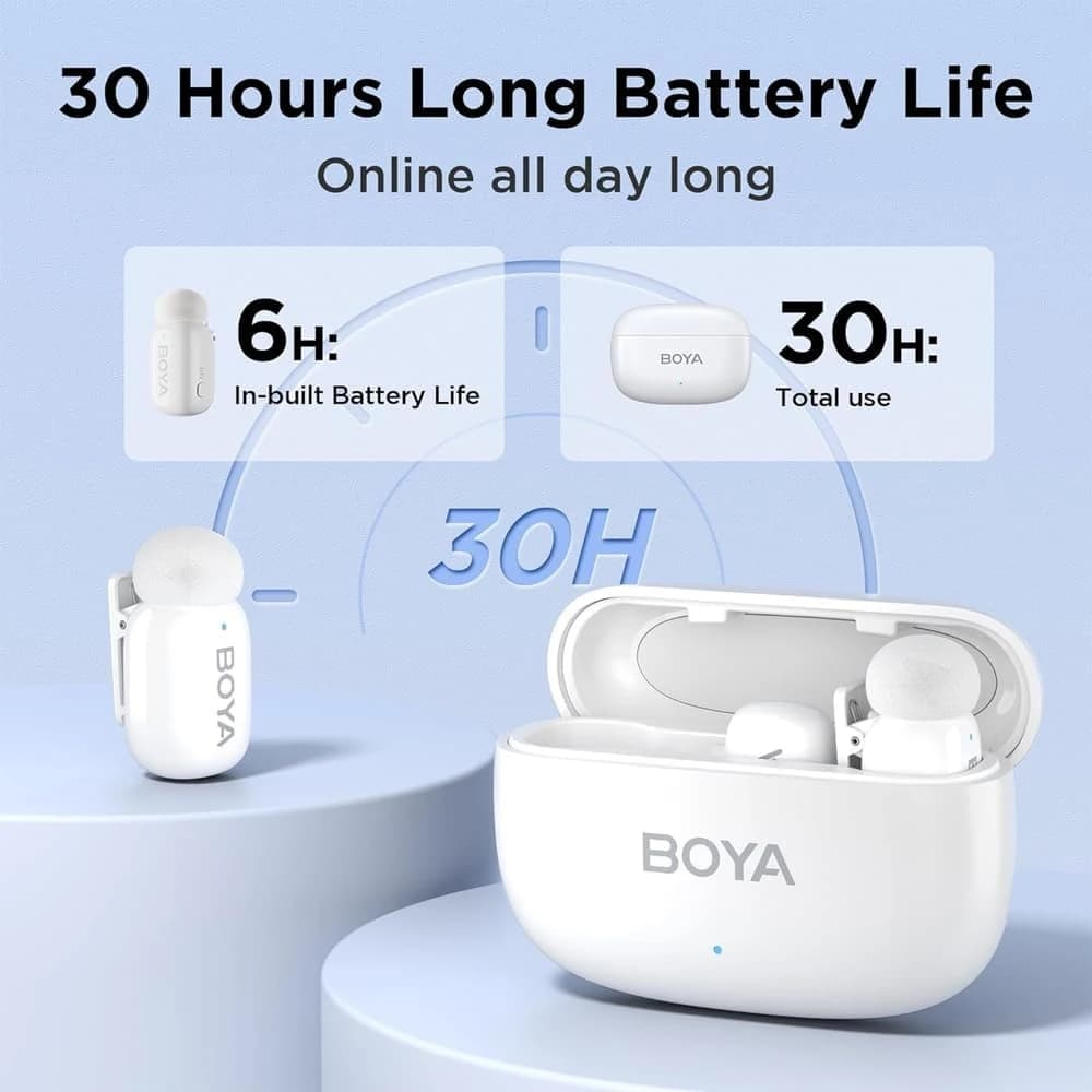 ميكروفون لاسلكي صغير من BOYA لهواتف iPhone/Android/الكمبيوتر اللوحي/الكمبيوتر مع منفذ USB C/Lightning - أبيض