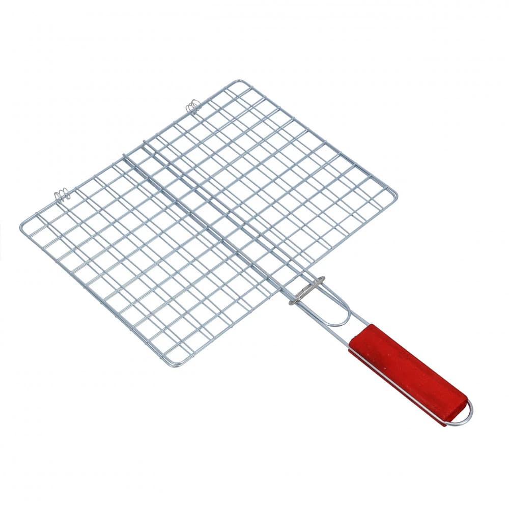 A rectangular grill with a wooden handle