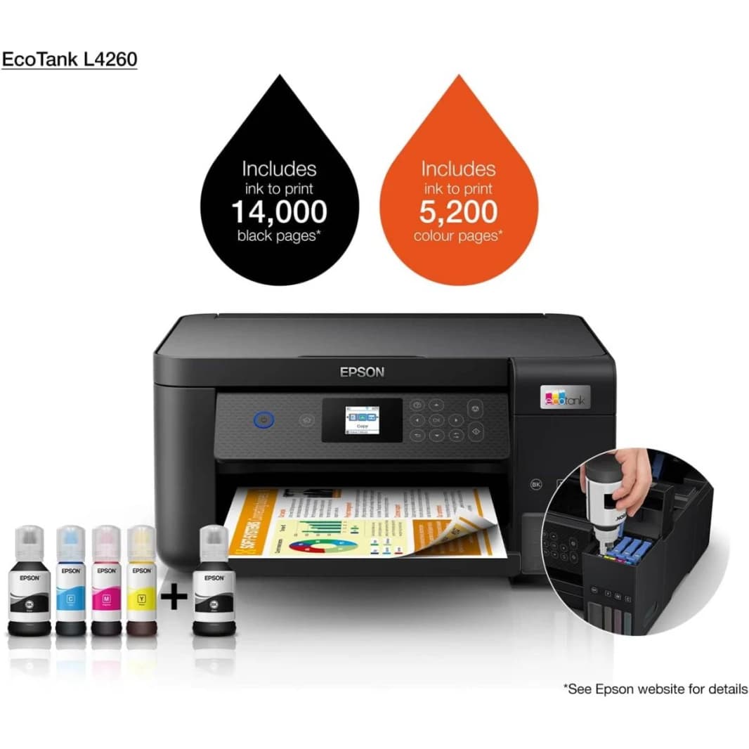 Epson EcoTank L4260 Home ink tank printer Double sided A4 Color 3 in 1 printer with Wi Fi Direct, Smart Panel Connectivity and LCD screen, Black, Compact