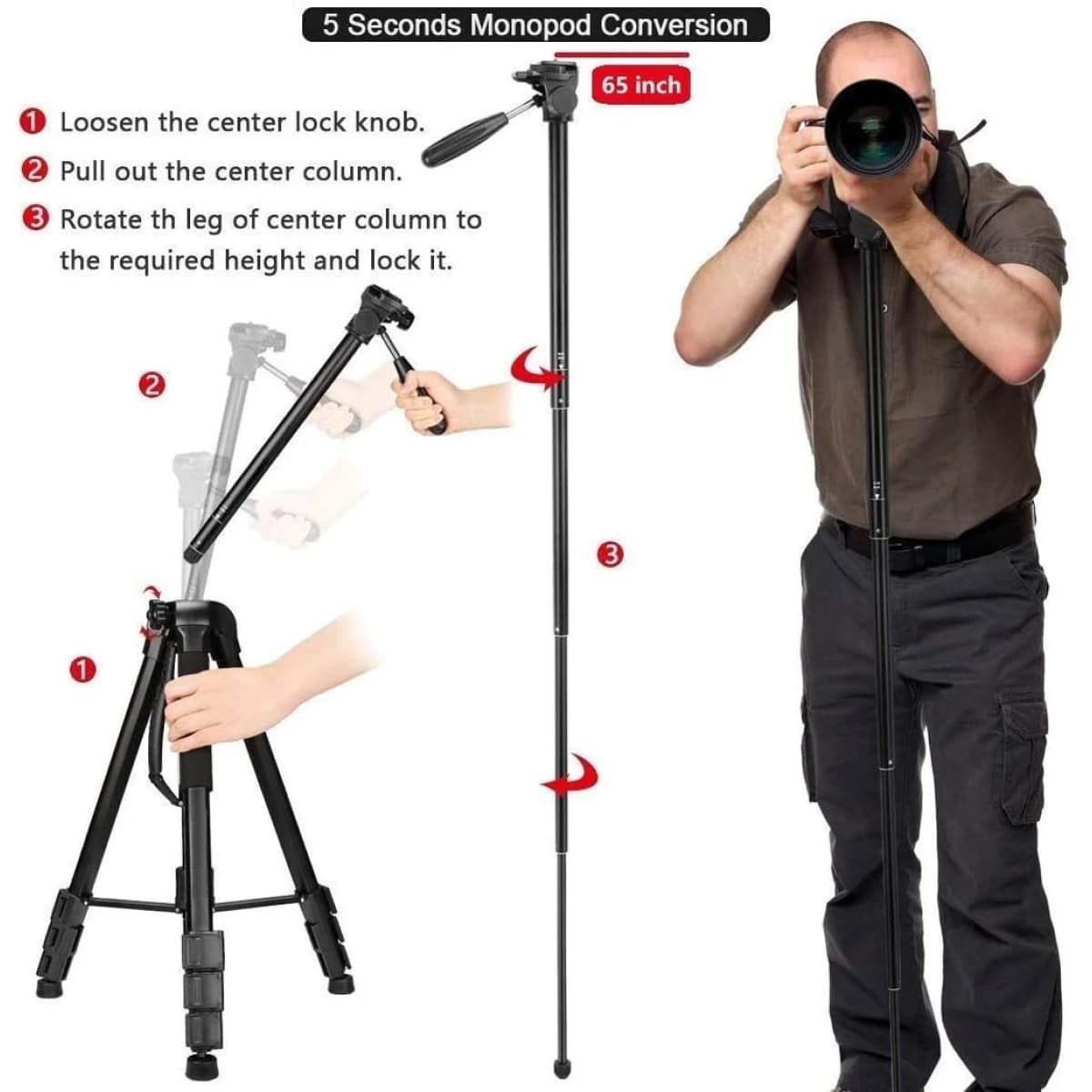 Jmary KP-2264 Professional Aluminium Tripod Monopod for DSLR Cameras (Black)